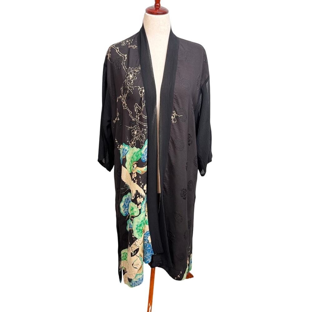 Citron Santa Monica silk blend kimono black Asian green blue print boho lux S L